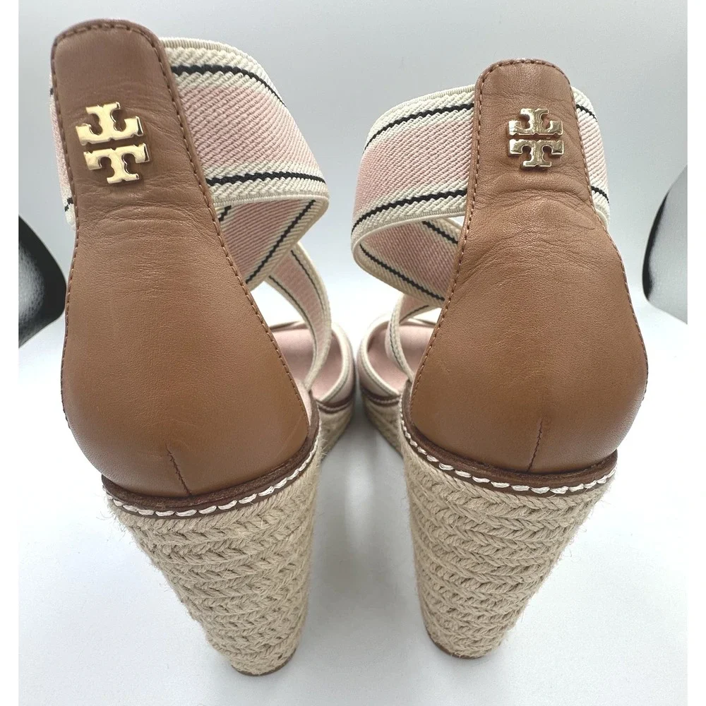 Tory Burch Frieda Espadrille Platform Wedge Sandals Pink Striped Canvas US 10